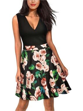 Black V-Neck Floral Fit-and-Flare Dress